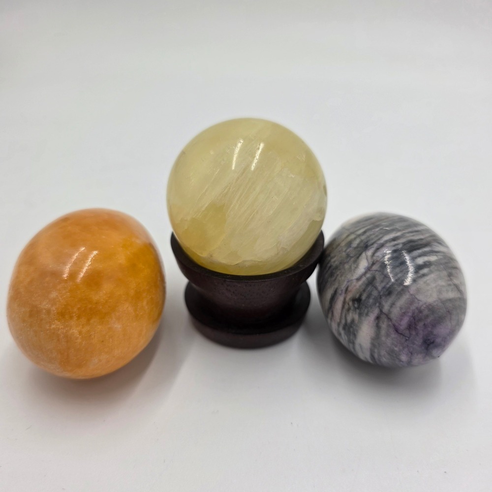 Polished Stone Egg Lot w/ Sphere & Stand – Decorative Natural Stone Set of 3 - Picture 2 of 4